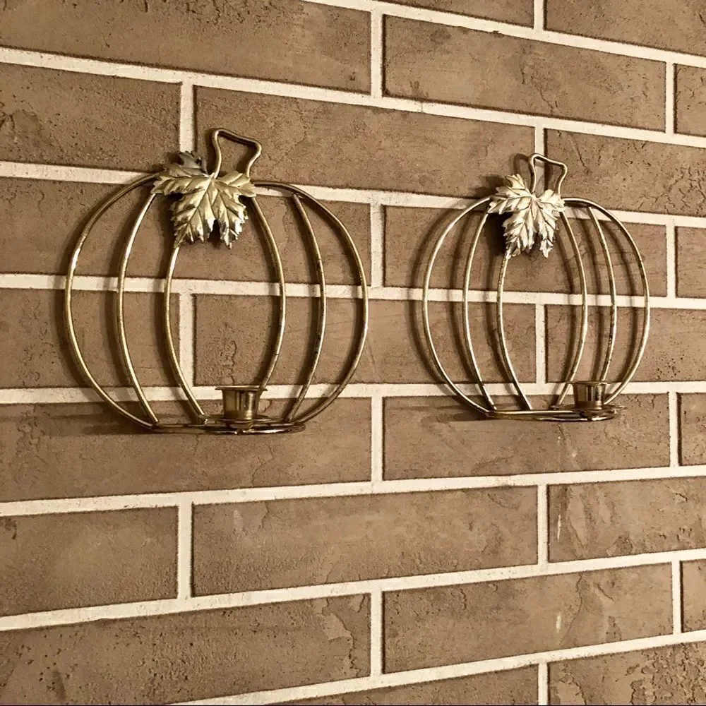 Vintage Pumpkin Wall Hanging Candlestick Holders in Gold Lot of 2